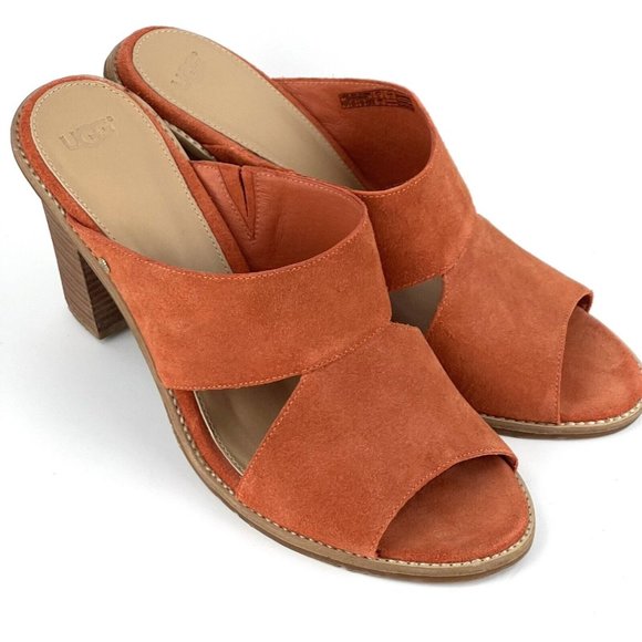 UGG Women's Slip-on Block Heel Open Toe Suede Leather Orange Sandals Size 11 - Picture 1 of 15